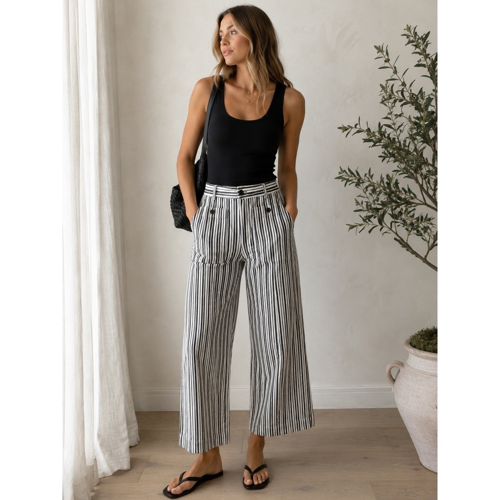 Loft The Palmer Wide Leg Pants Striped Black White Size 6 High Rise Cropped